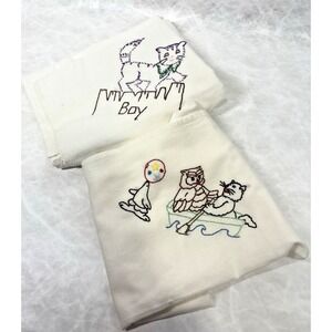Lot of 2 Vintage Hand Embroidered‎ Linens – Cats Animals Nursery Decor – 34"x35"